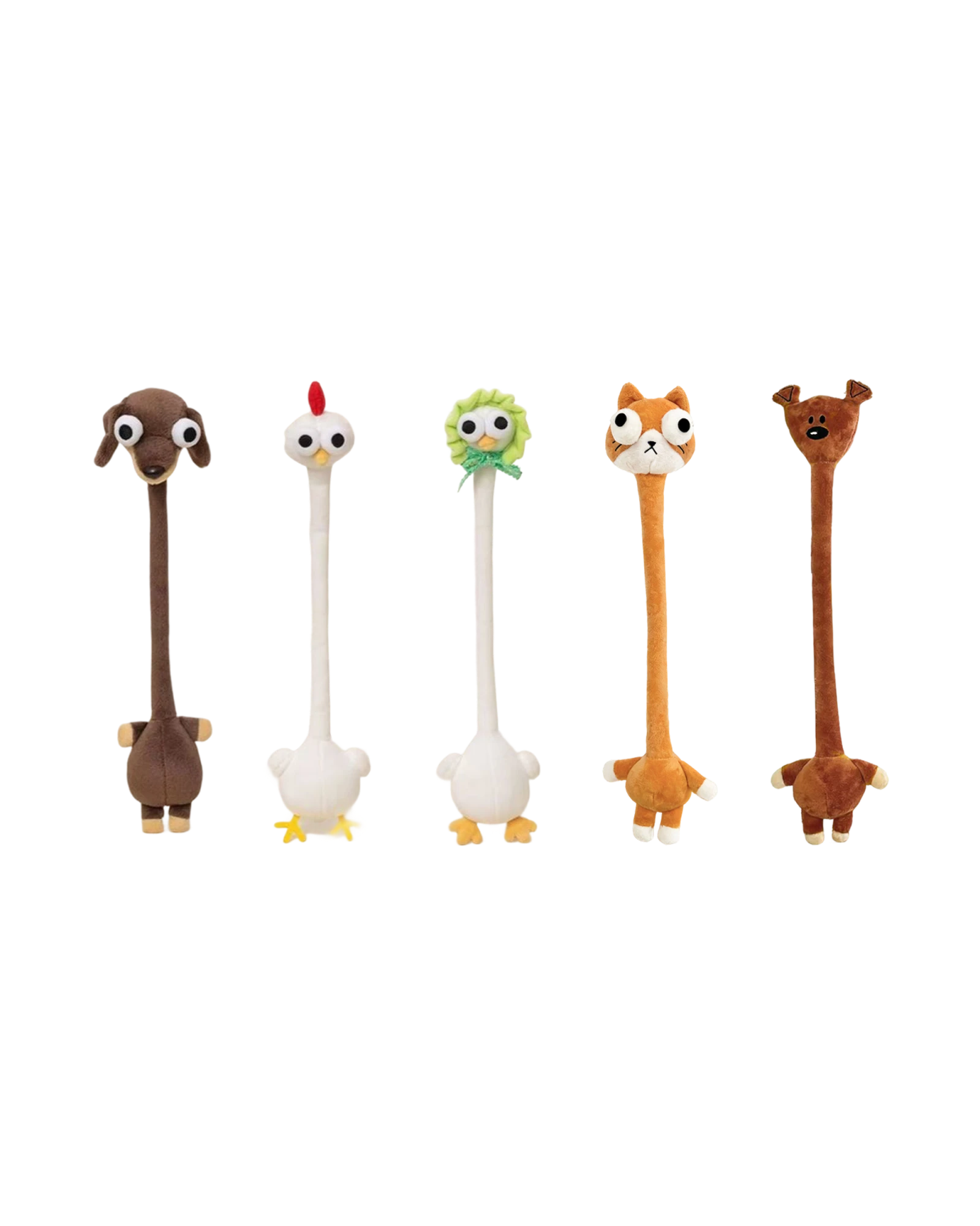 five long-necked plush polyester animal bag charms: a dachshund, a chicken, a duck in a green bonnet, a ginger cat and a brown bear