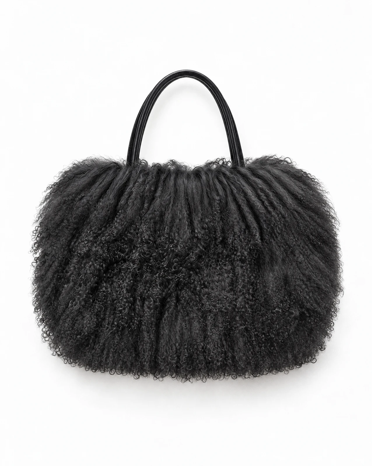 black curly Mongolian lamb fur tote with two slim black handles