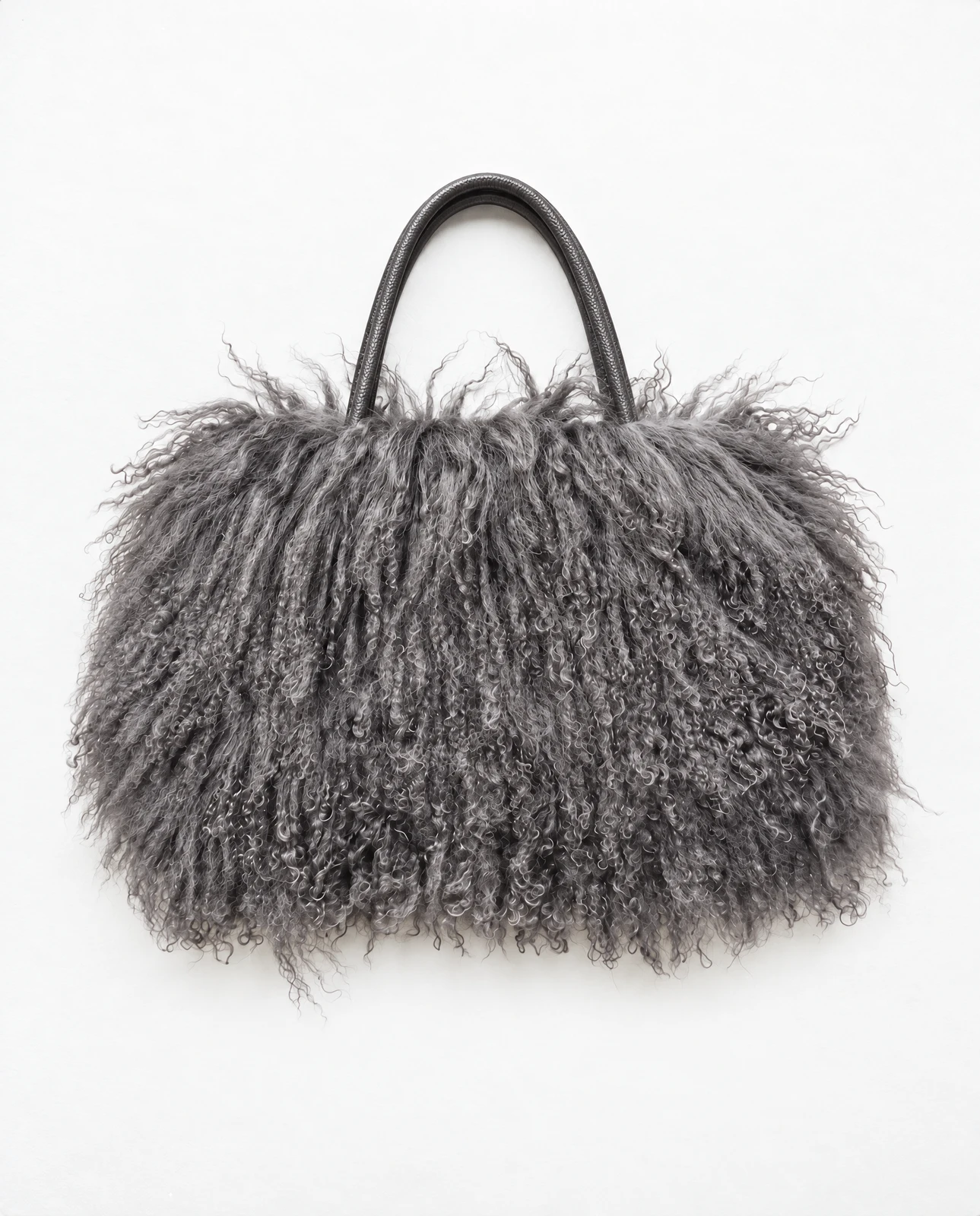 mid-grey curly Mongolian lamb fur tote with two slim dark grey handles