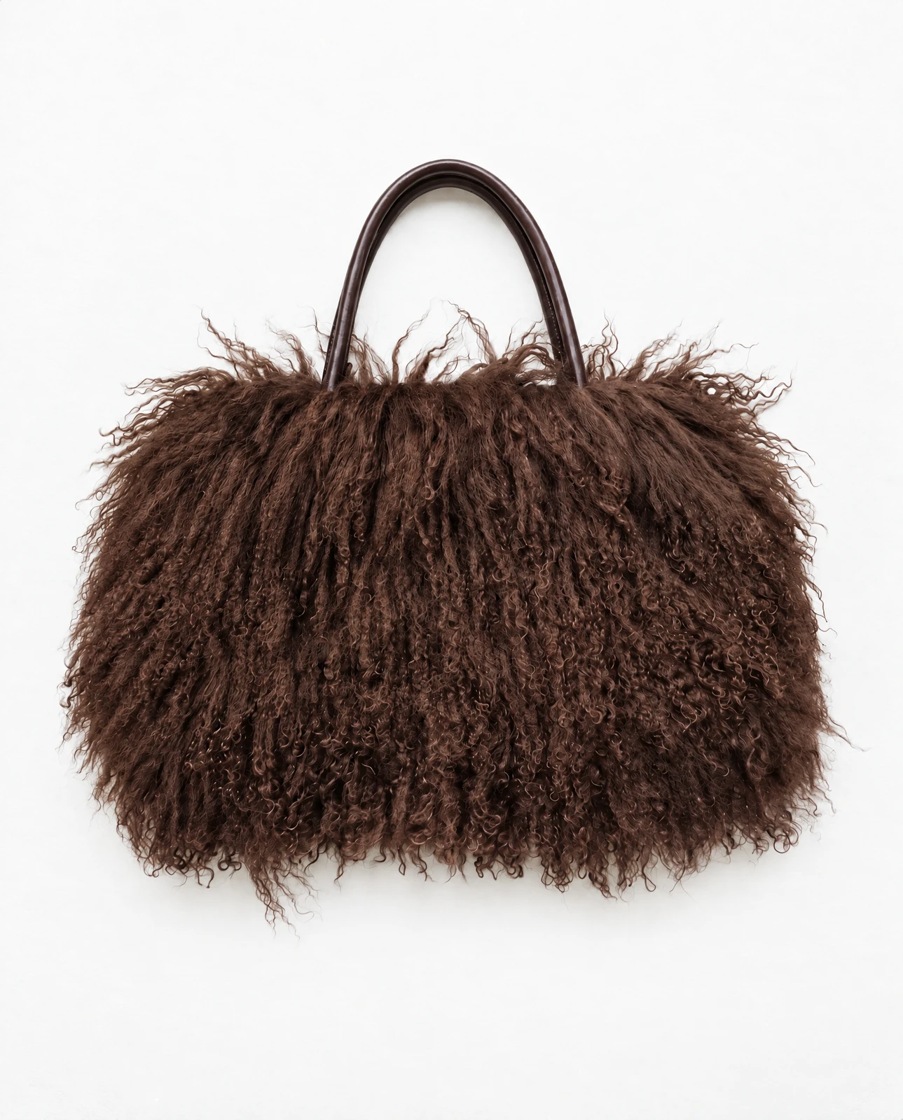 chocolate-brown curly Mongolian lamb fur tote with two slim dark brown handles