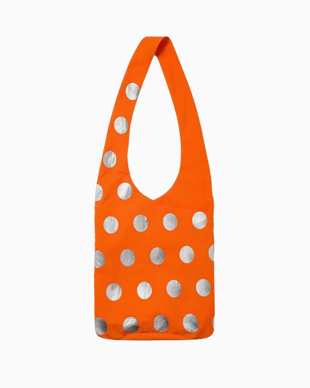 bright orange nylon shoulder bag with a single strap, scattered with silver mirror-disc dots