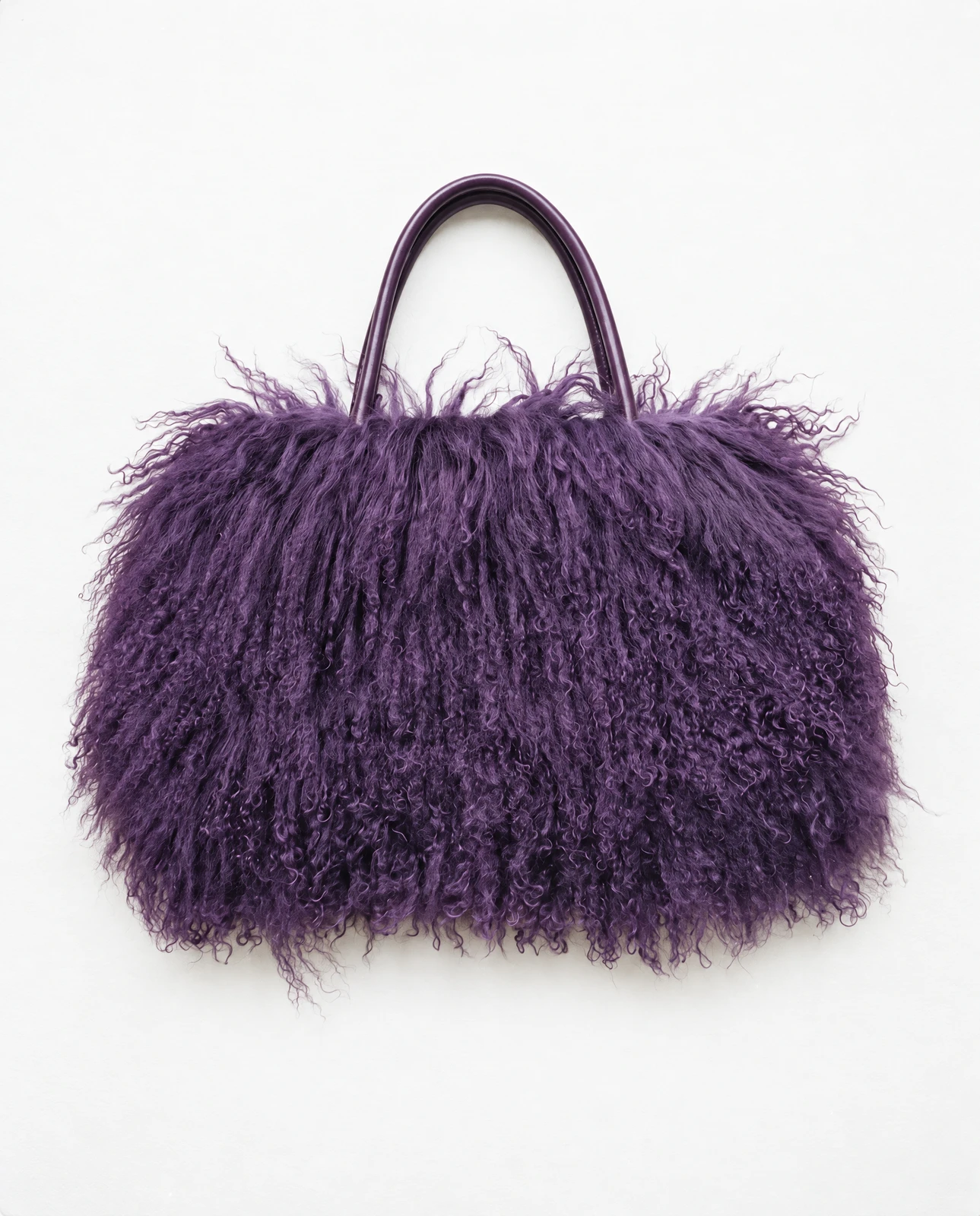 deep purple curly Mongolian lamb fur tote with two slim purple handles