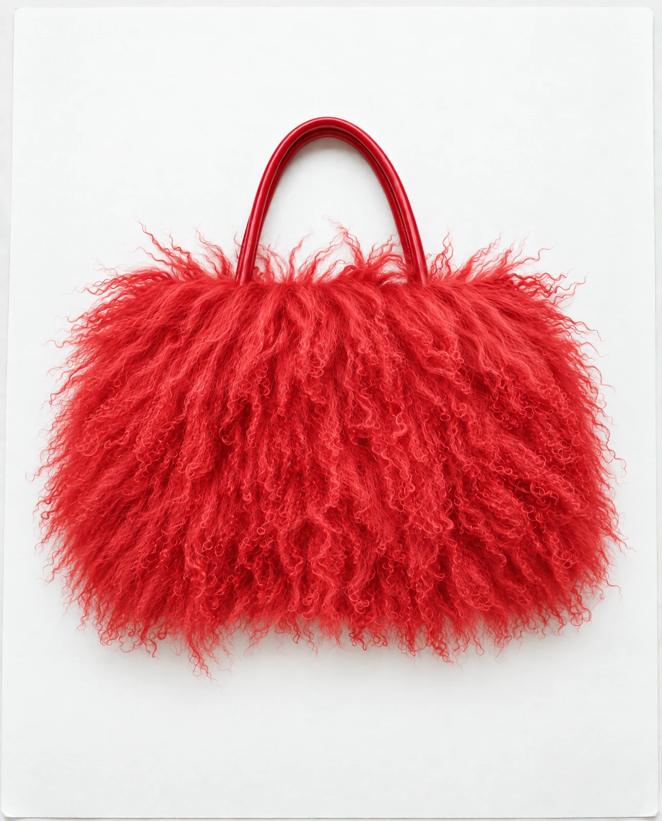 red curly Mongolian lamb fur tote with two slim red handles
